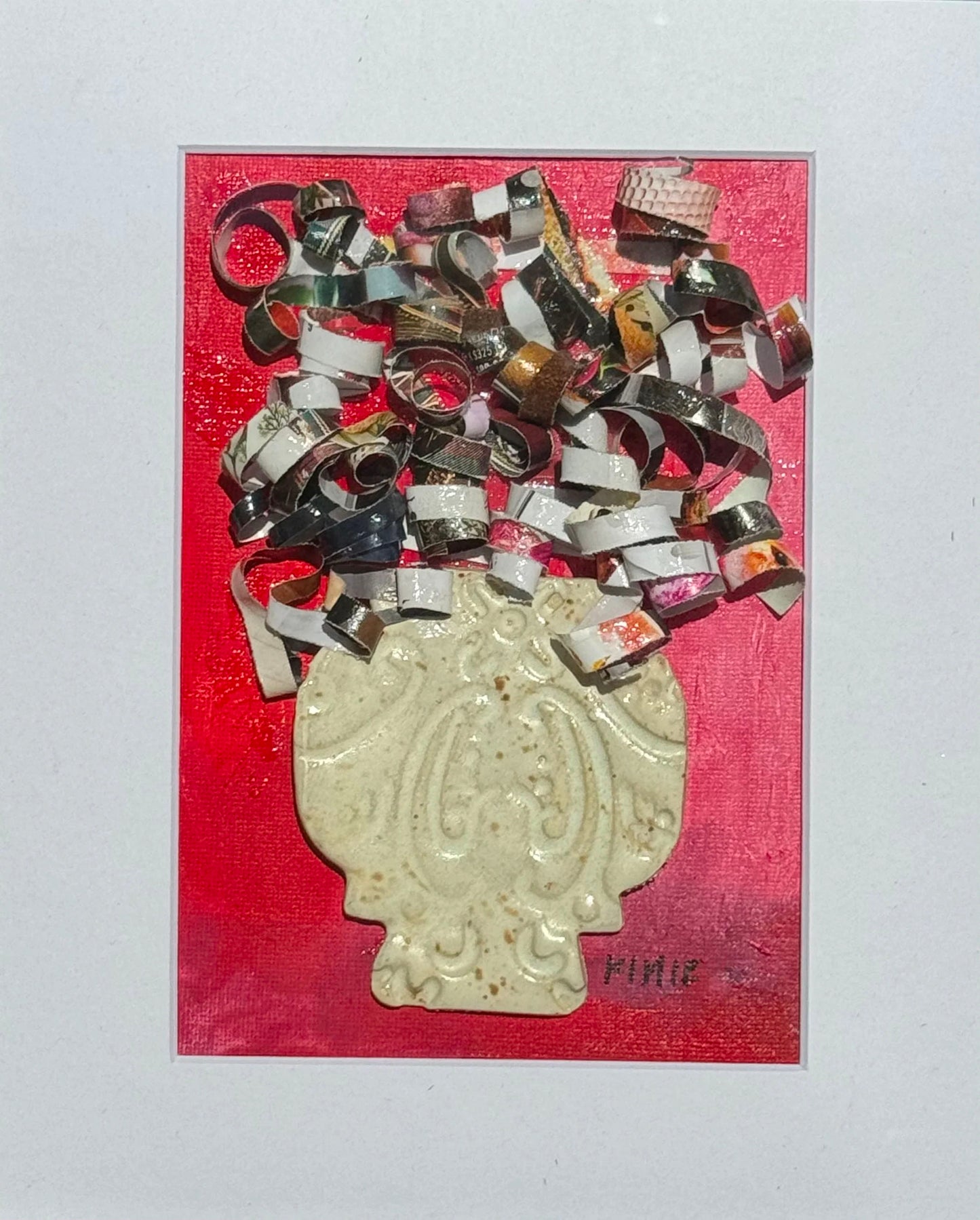 "Twisted Paper Petals on Red Background" Original Mixed Media by Kimie Joe